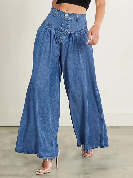 Plain Washed Blue Loose Fit Pleated Wide Leg Denim Pants, Women's Denim Jeans & Clothing MyFave Boutique