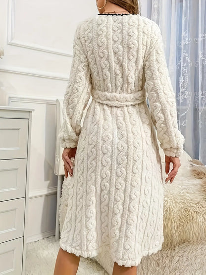 Lace Trim Fuzzy Long Sleeve V-Neck Robe with Belt and Pockets, Women's Sleepwear MyFave Boutique