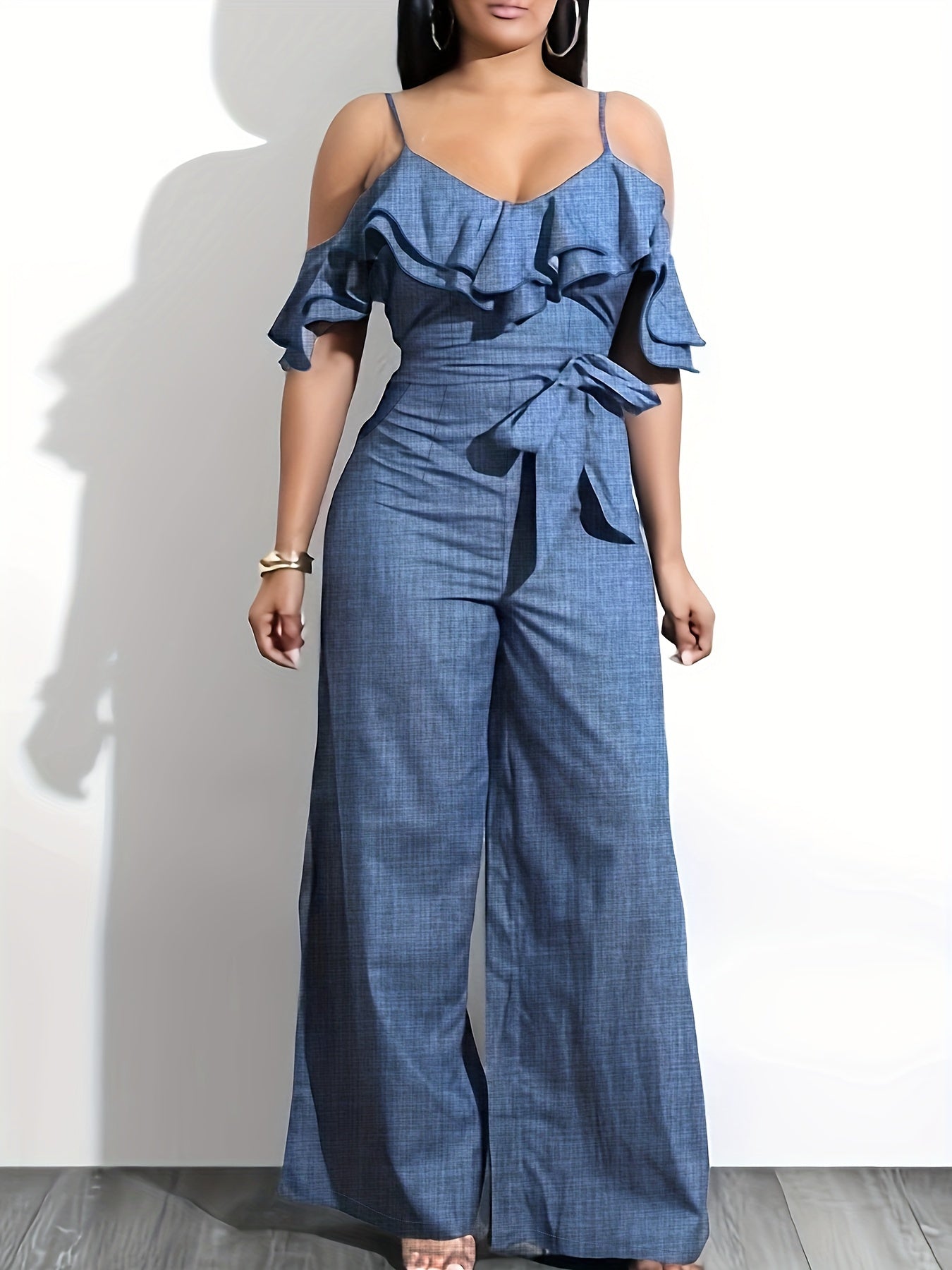 Layered Ruffle Cold Shoulder Jumpsuit, Casual Tie Front Wide Leg Jumpsuit For Spring & Summer, Women's Clothing MyFave Boutique