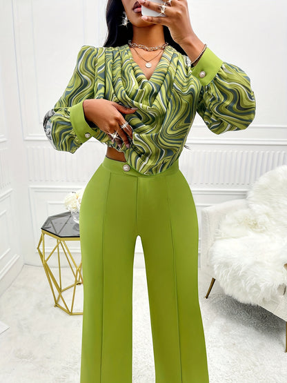 Elegant Spring & Fall Pants Set, Abstract Print Cowl Neck Blouse & Solid Color Straight Leg Loose Pants, Women's Clothing MyFave Boutique