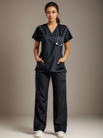 two-piece Elegant Two-Piece V-Neck Health Uniform Set - Micro Elastic Polyester, Pockets, Woven, Comfortable & Professional Women's Clothing for All Seasons MyFave Boutique