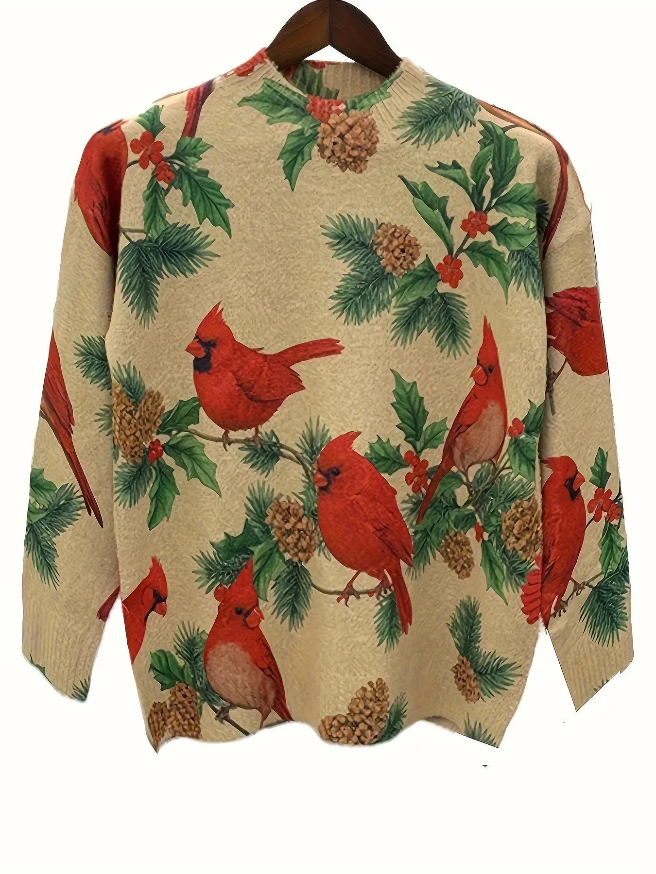 Birds & Plant Print Crew Neck Pullover Sweater, Elegant Long Sleeve Knitted Sweater For Fall & Winter, Women's Clothing MyFave Boutique