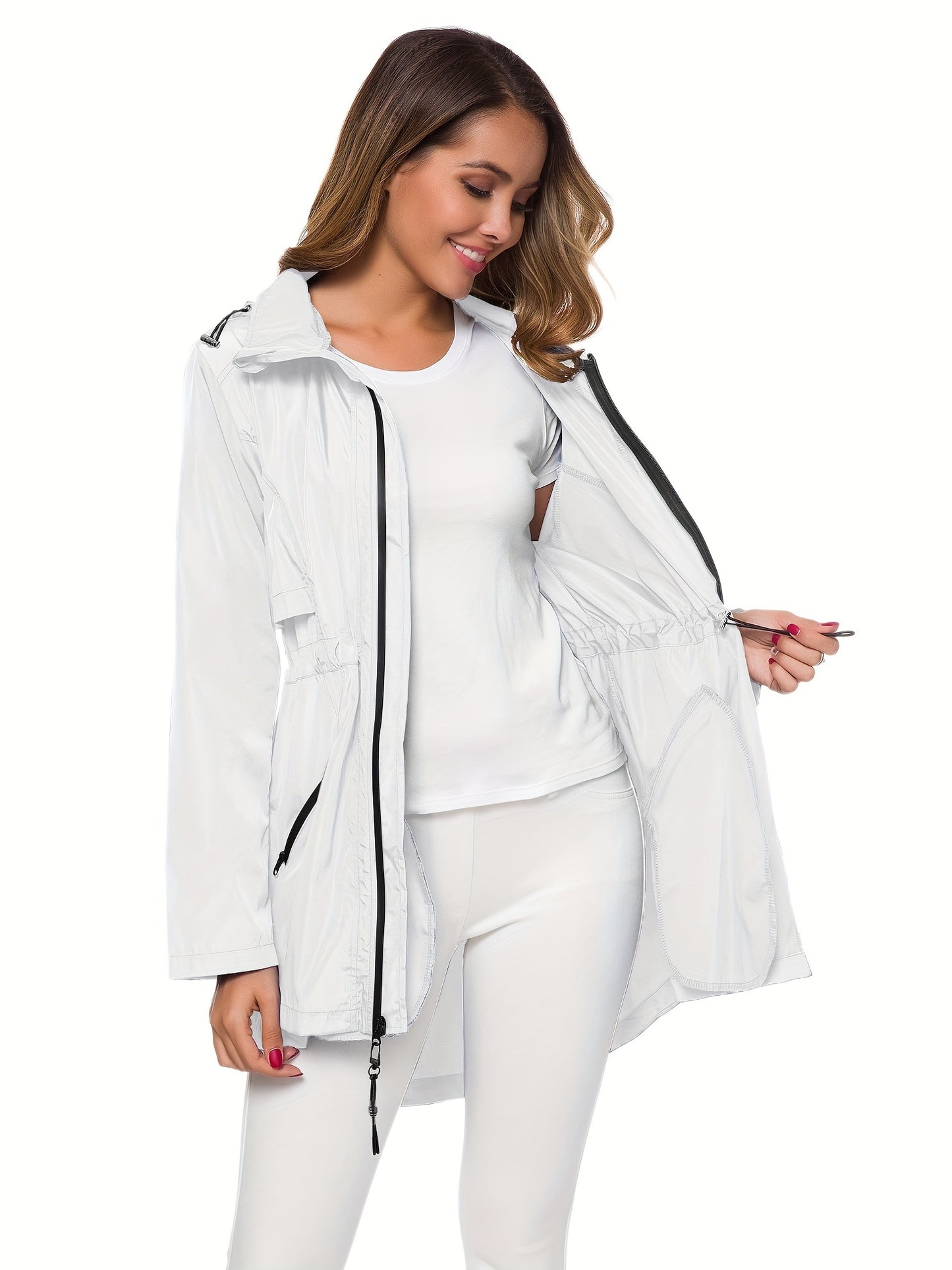 Women's Long Raincoat With Hood Zip Up Outdoor Lightweight Windbreaker Rain Jacket MyFave Boutique