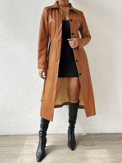 Belted Double Breasted Trench Coat, Elegant Faux Leather Pockets Long Sleeve Collar Coat, Women's Clothing MyFave Boutique