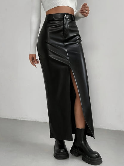 Split Hem High Waist Skirt, Stylish Solid Color PU Leather Slim Skirt, Women's Clothing MyFave Boutique