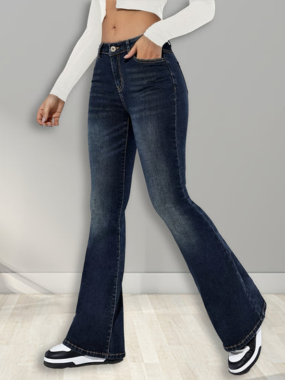 Stretchy Flare Leg Blue Denim Pants - Women's Jeans with Zipper Button Closure, Casual Style, and Comfortable Fit - Perfect for Everyday Wear MyFave Boutique