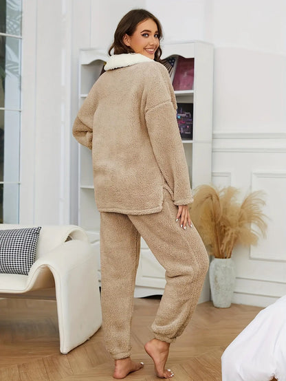 Women's Fleece Pajamas Loungewear Warm Pullover Lapel Sleepwear Set MyFave Boutique