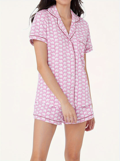 Women's Casual Pajama Set - Cartoon Elephant Print Short Sleeve Lapel Button-Down Top With Elastic Waist Shorts MyFave Boutique