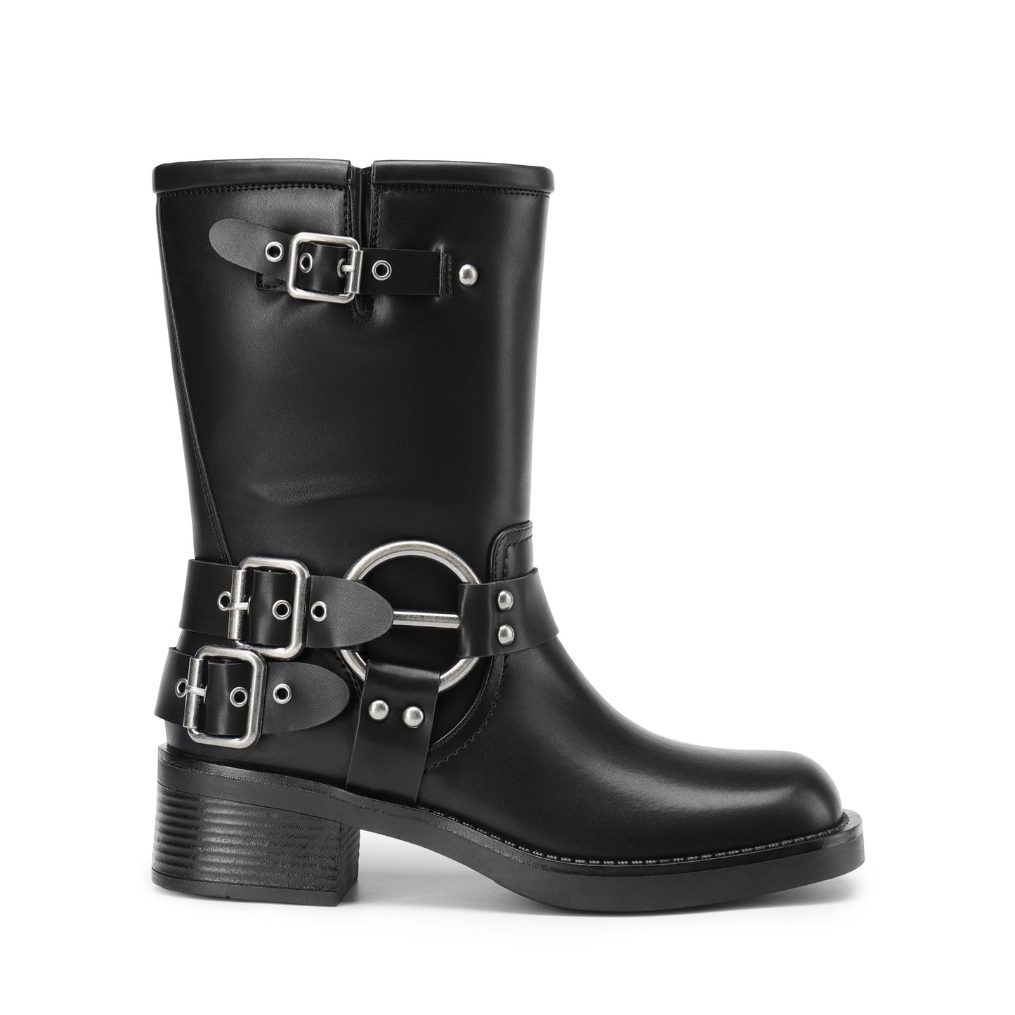 Mid Calf Biker Boots for Women: Square Toe, Buckles, Low Chunky Heel MyFave Boutique