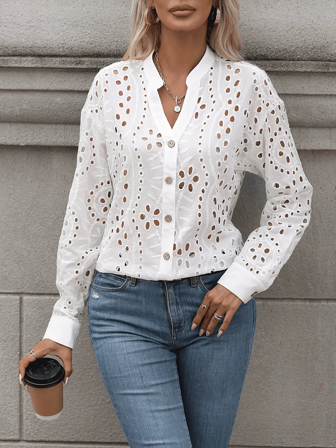 Eyelet Embroidered Single Breasted Blouse, Elegant Notched Neck Long Sleeve Blouse, Women's Clothing MyFave Boutique