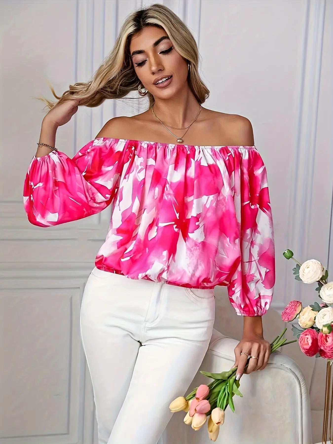 Floral Off-Shoulder Long Sleeve Blouse, Elegant Loose Fit Women's Top MyFave Boutique