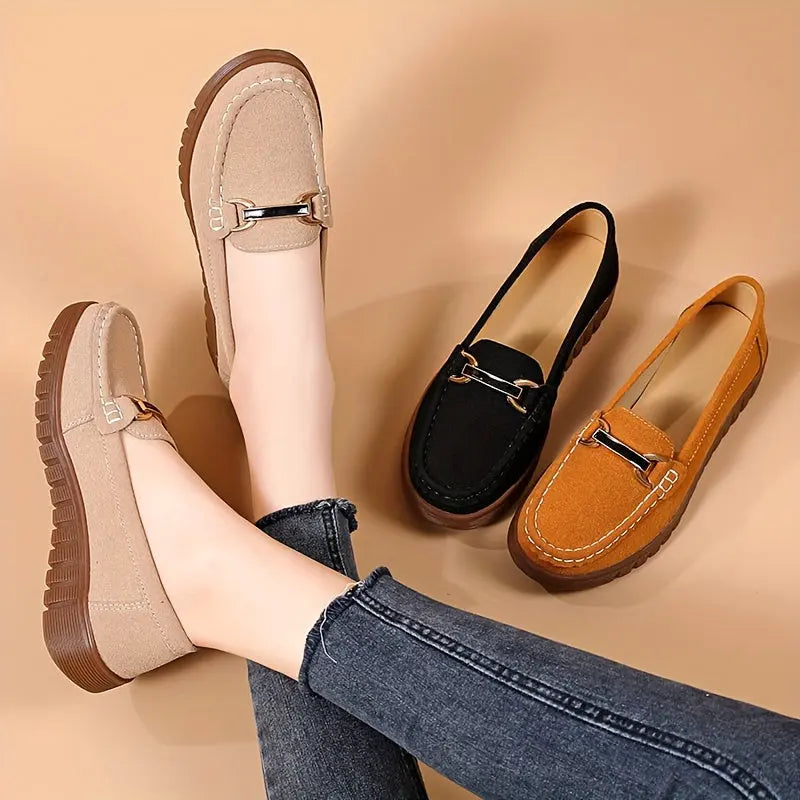 Women's Buckle Decor Loafers, Solid Color Soft Sole Slip On Flat Shoes, All-Match Suedette Flats MyFave Boutique