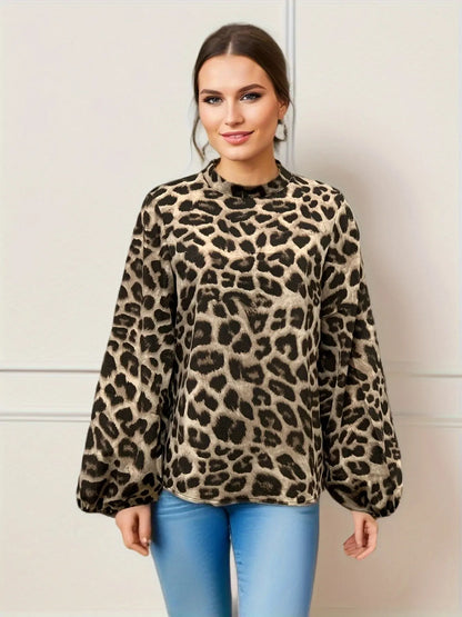 Leopard Print Mock Neck Blouse, Casual Long Sleeve Blouse For Spring & Fall, Women's Clothing MyFave Boutique