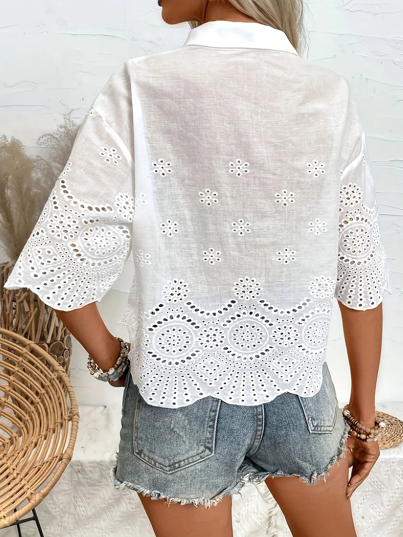 Eyelet Embroidery Button Front Blouse, Casual Half Sleeve Top For Spring & Summer, Women's Clothing MyFave Boutique