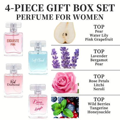 4-Piece Set, Women's Eau De Parfuma Spray Gift Box, Long Lasting Fragrance, 4 Different Flavor, Perfect For Holiday Gifts, Dating, Daily Life, Parties, 1.02 Fl Oz/bottle MyFave Boutique