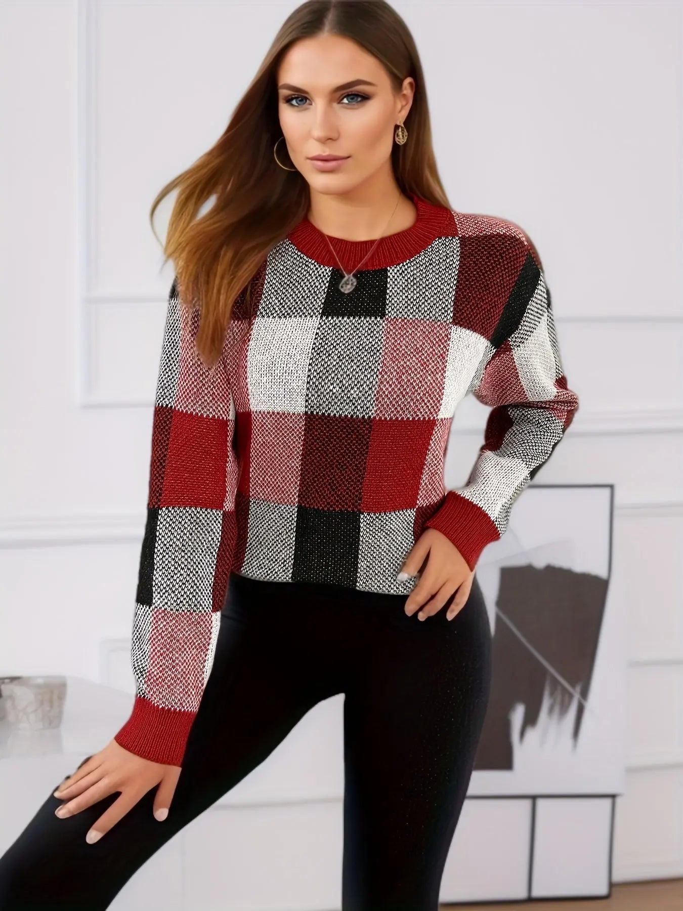 Knit Plaid Print Crew Neck Sweater, Casual Long Sleeve Sweater, Women's Clothing MyFave Boutique