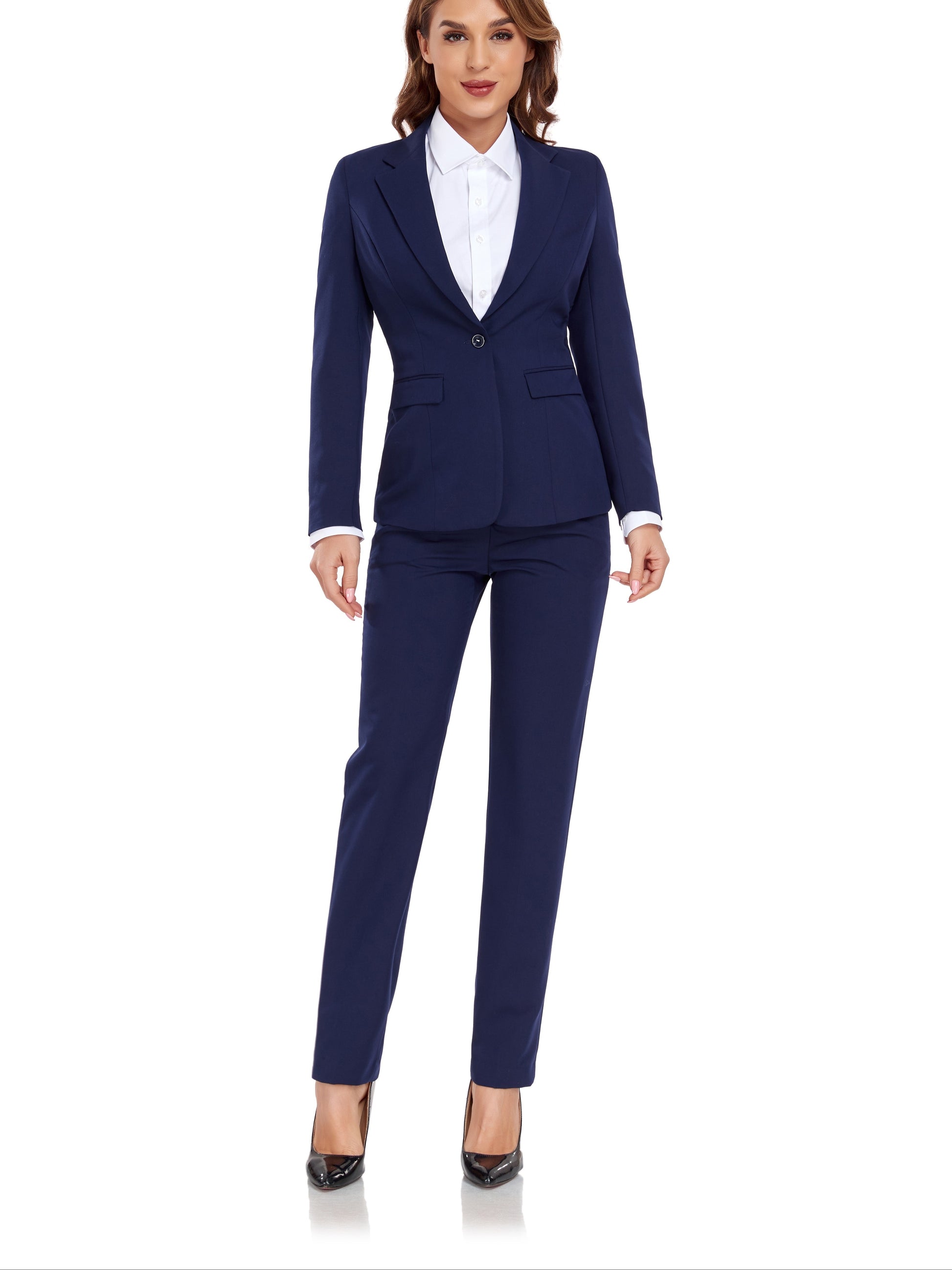 Casual Solid Slim Fit Office Two-piece Blazer Set, Long Sleeve Button Front Blazer & Skinny High Waist Pants Outfits, Women's Clothing MyFave Boutique