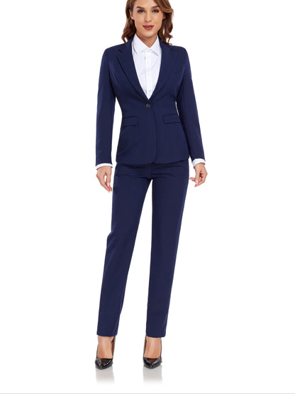 Casual Solid Slim Fit Office Two-piece Blazer Set, Long Sleeve Button Front Blazer & Skinny High Waist Pants Outfits, Women's Clothing MyFave Boutique