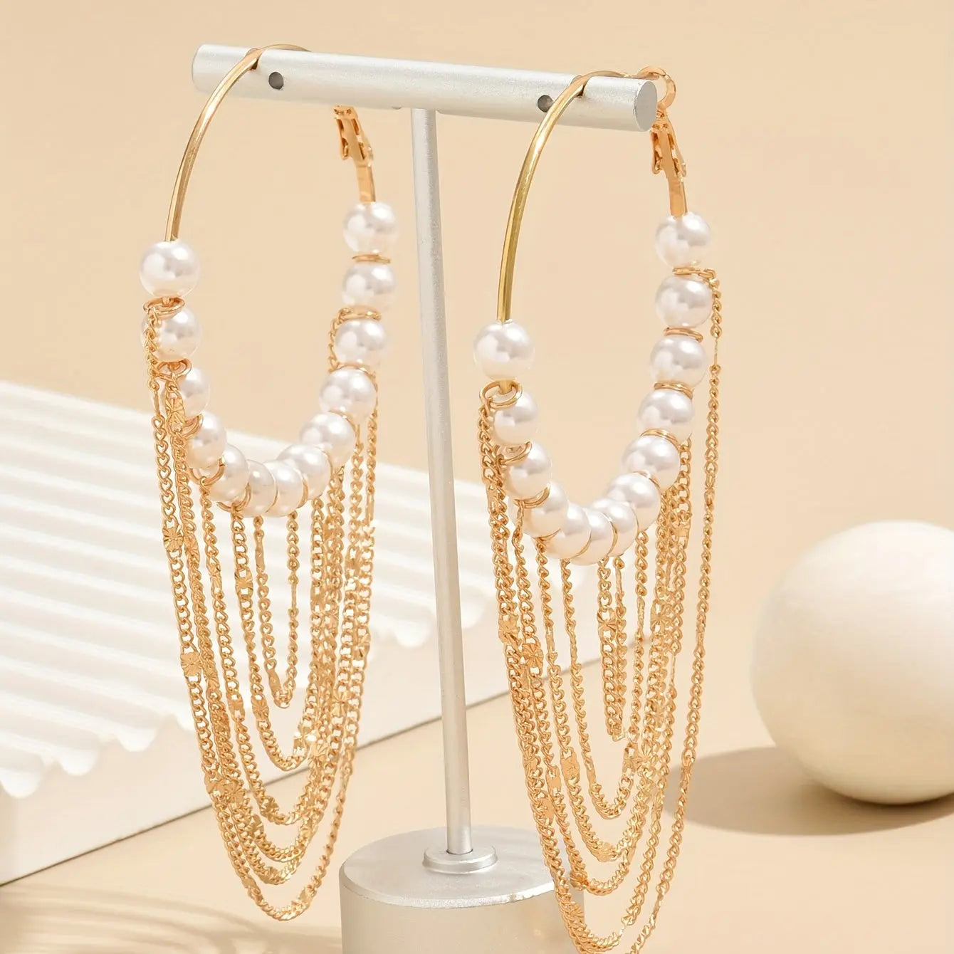 Chain Tassel Pendant Faux Pearl Decor Hoop Earrings Elegant Simple Style Alloy Jewelry Delicate Female Gift MyFave Boutique