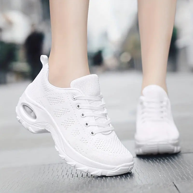 Women's Solid Color Minimalist Sneakers, Lace Up Breathable Comfy Platform Shoes, Versatile Low-top Soft Air Cushion Shoes MyFave Boutique