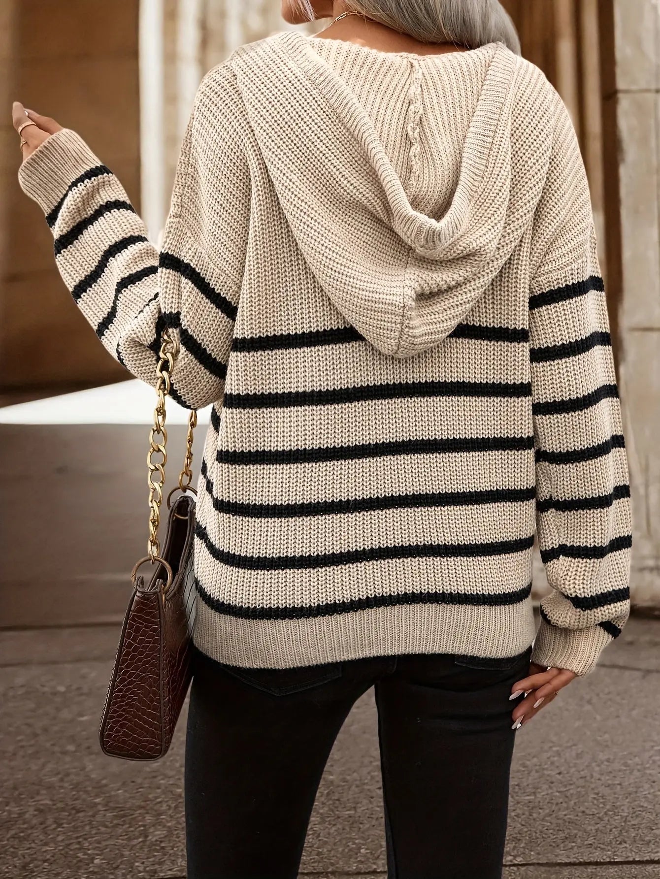 Striped Pattern Long Sleeve Hooded Sweater, Stylish Drop Shoulder Button Front Drawstring Sweater, Women's Clothing MyFave Boutique