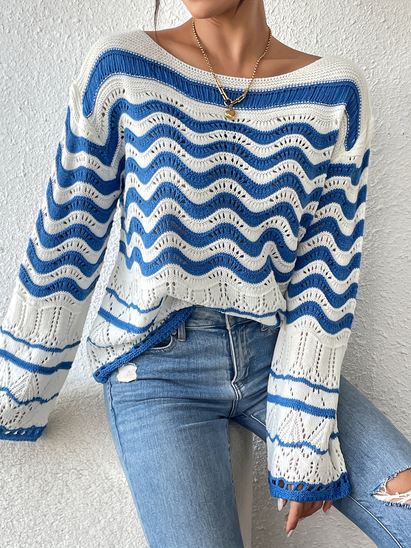 Elegant Off-Shoulder Wave Pattern Color Block Knit Sweater - Long Sleeve, Breathable Acrylic for Women - Perfect for Fall/Winter MyFave Boutique