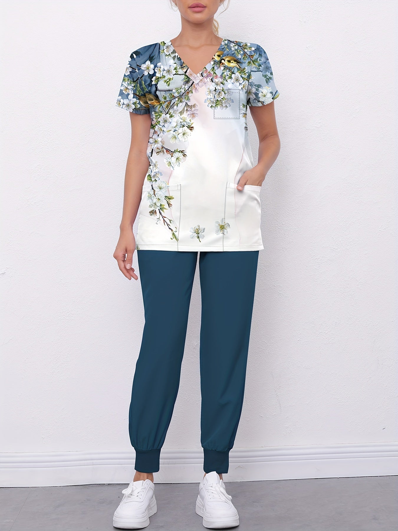 Women's Summer Healthcare Uniform: Comfortable Floral Print Short Sleeve V-neck Top With Dual Pockets & Fitted Bottom Pants - Professional Nursing Outfit MyFave Boutique