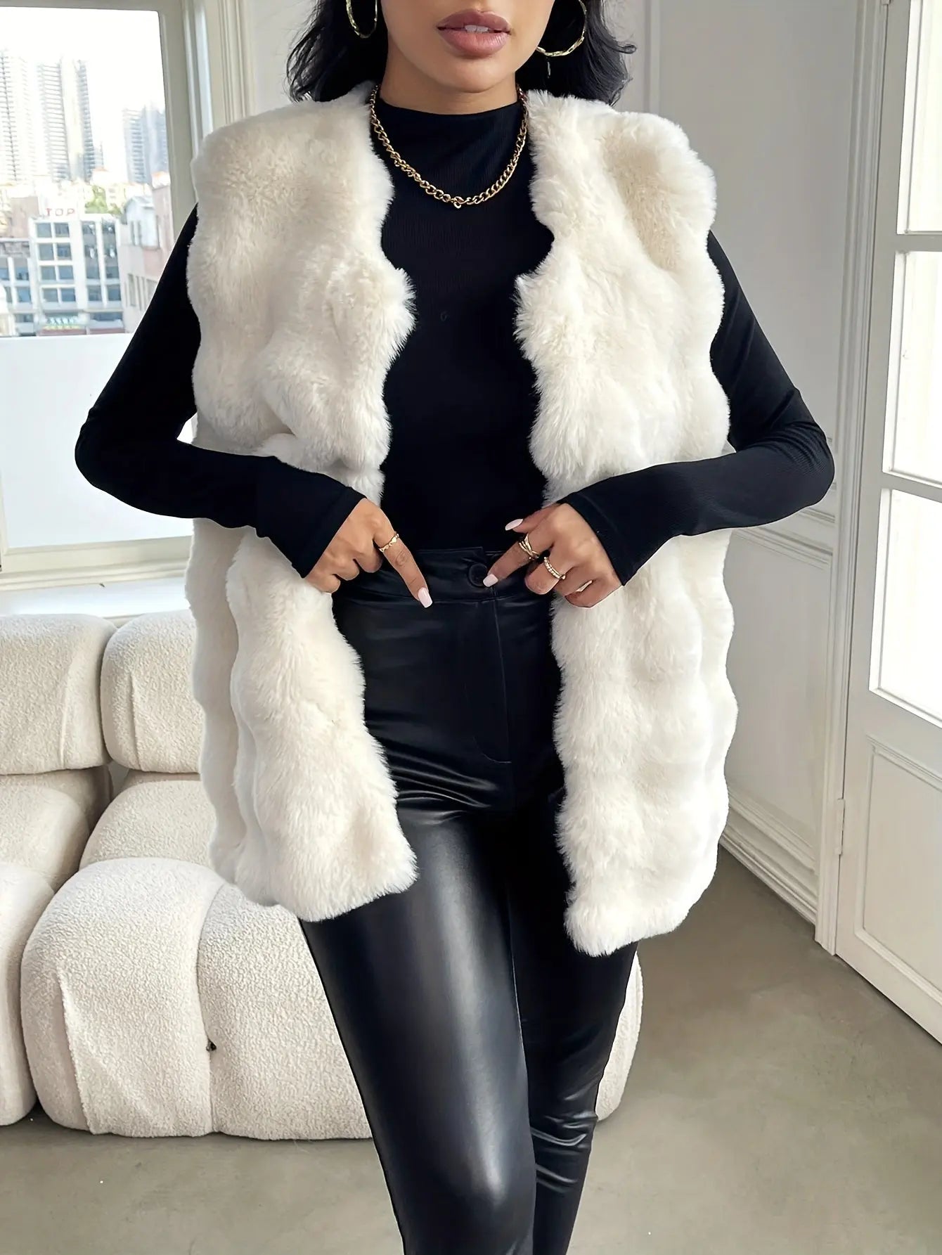 Faux Fur Open Front Fuzzy Coat, Elegant Sleeveless Warm Outerwear For Fall & Winter, Women's Clothing MyFave Boutique