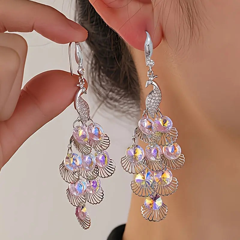 Elegant Peacock Crystal Drop Earrings with Silvery HollowLeaf Tassels - Gorqeous Rhinestone Accents, Suitable for daily and party wear MyFave Boutique