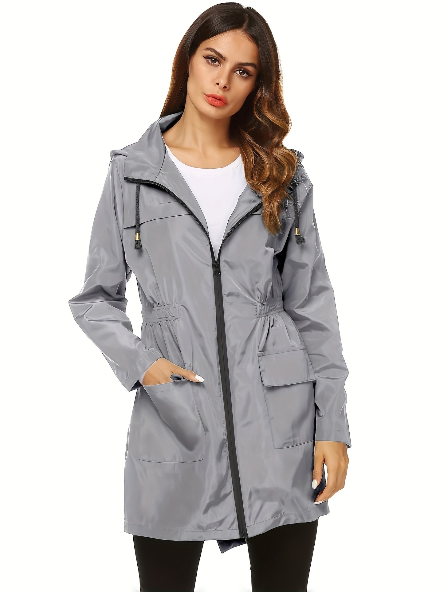 Solid Drawstring Zipper Front Raincoat, Casual Flap Pockets Split Elastic Waist Long Sleeve Hooded Lightweight Raincoat For Spring & Fall, Women's Clothing MyFave Boutique