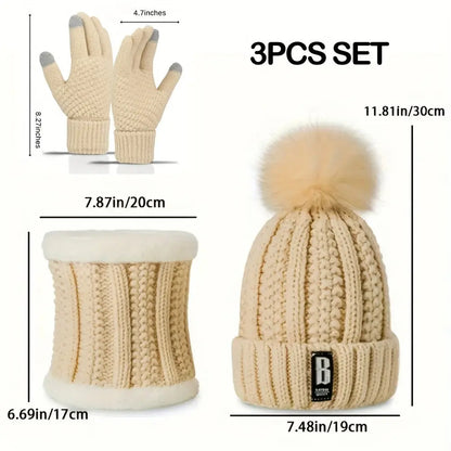 Winter Knitted Beanie and Scarf Gloves Set Unisex, Warm Lined 3pcs Christmas Accessories, Acrylic Ski Hat with Pom, Touchscreen Gloves, Chunky Neck Warmer MyFave Boutique