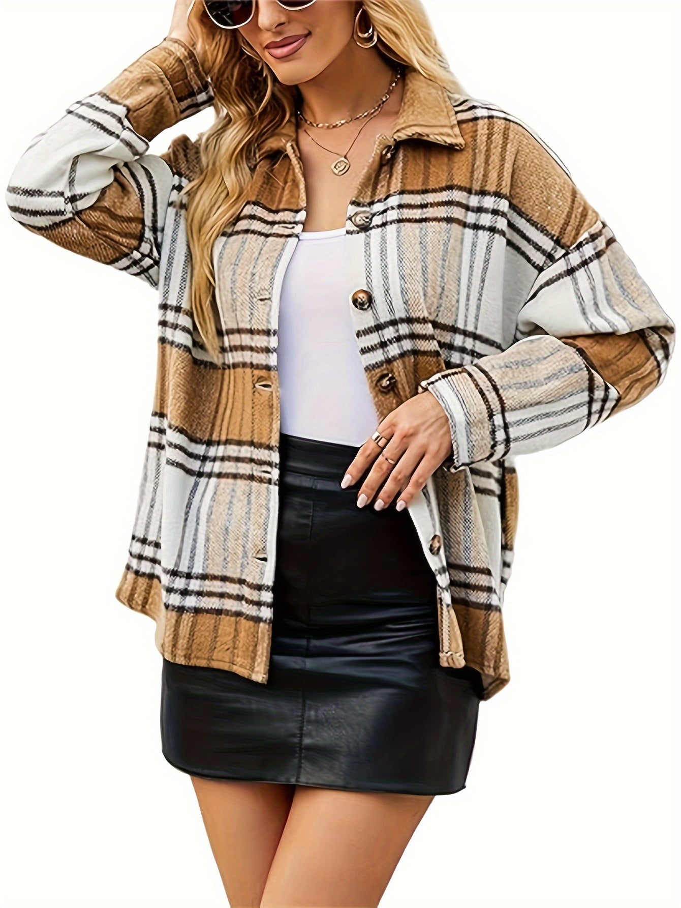 Women's Fall Color Block Plaid Flannel Shacket Jacket Button Down Shirt Coat Tops MyFave Boutique