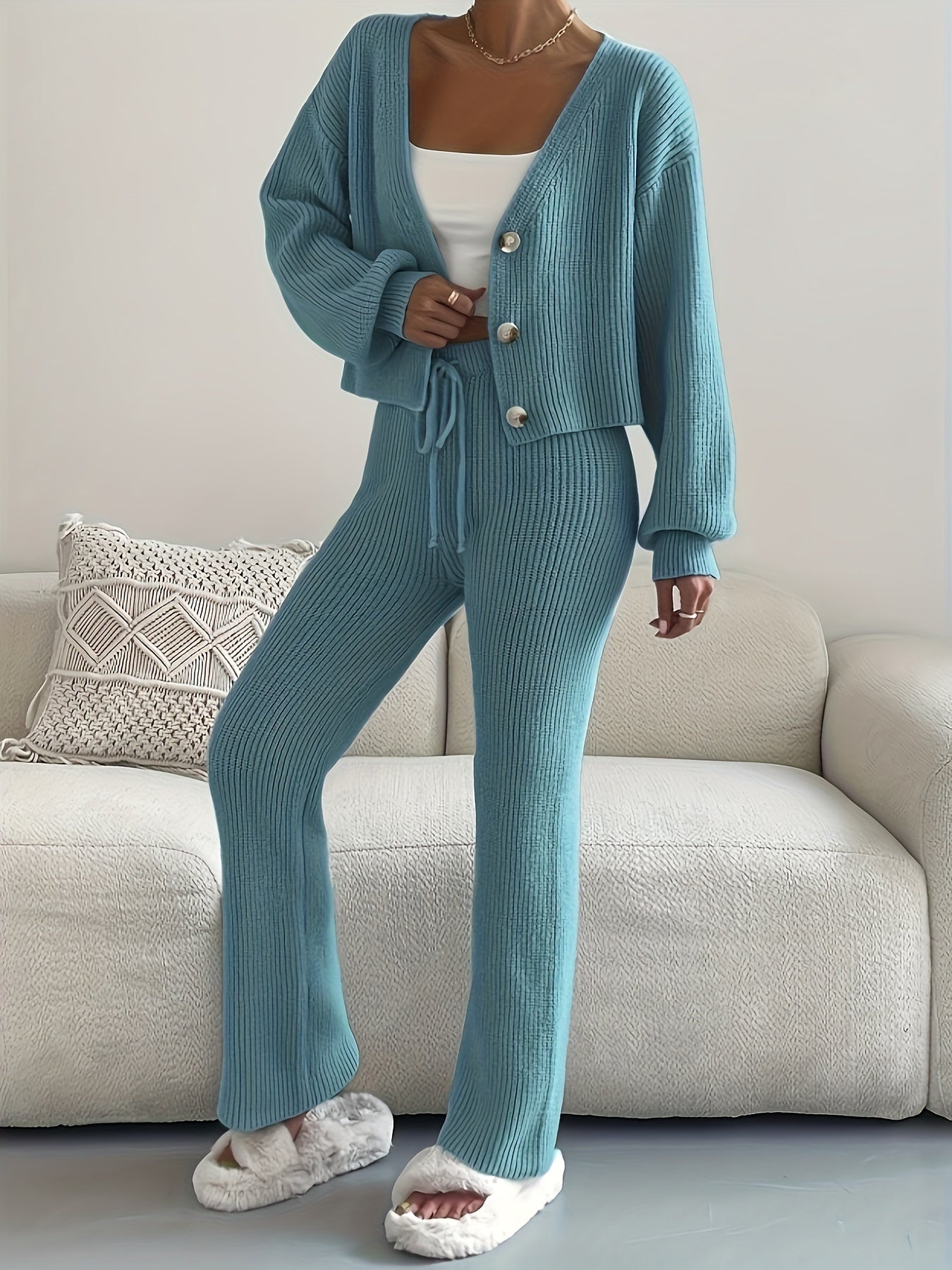 Solid Color Casual Pantsuits, Long Sleeve Drop Shoulder V Neck Button Front Cardigan & Drawstring High Waist Pants Outfits, Women's Clothing MyFave Boutique