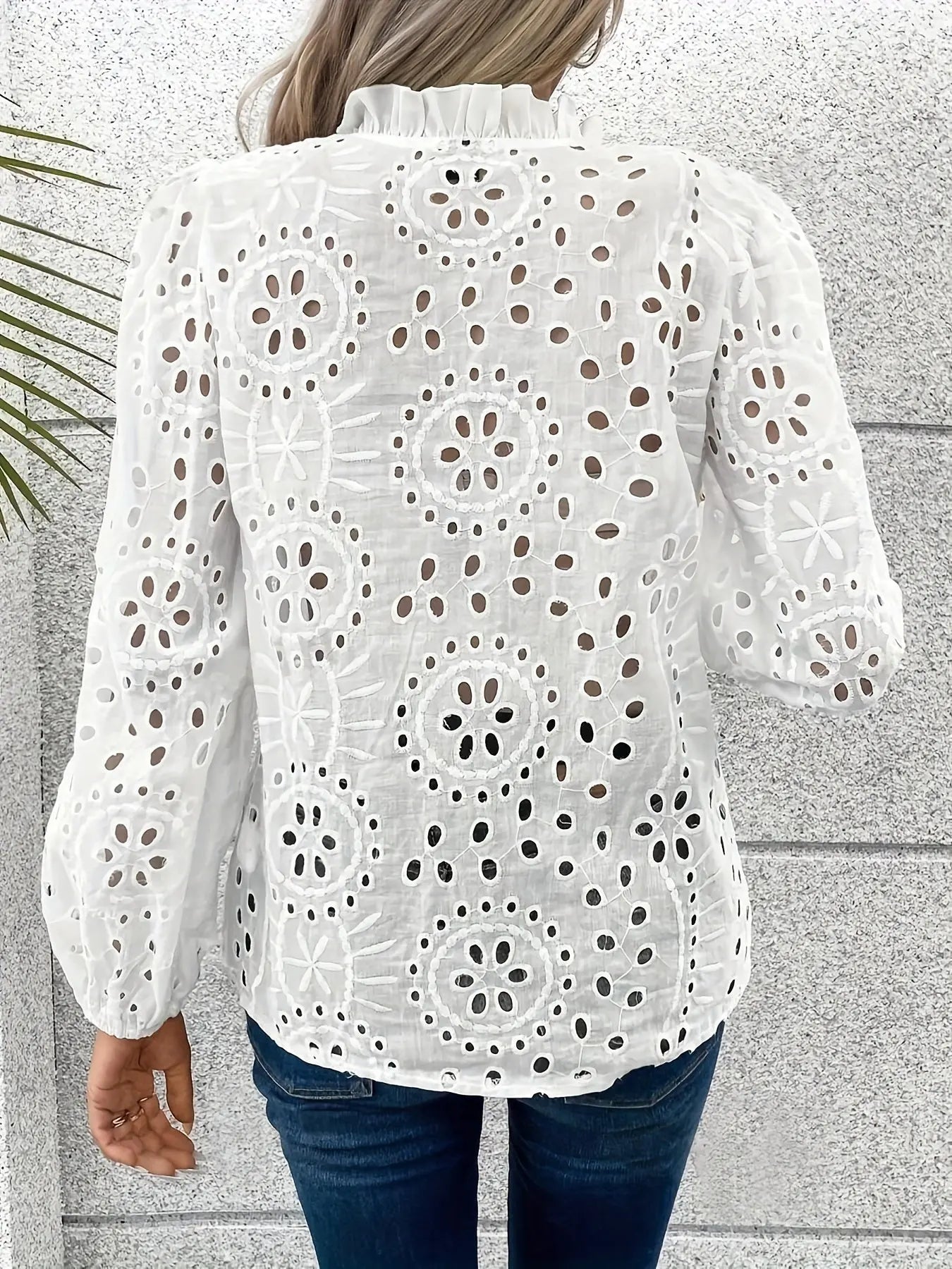 Elegant Notched Collar V-Neck Blouse with Embroidered Hollow Pattern, Polyester-Cotton Blend, Long Regular Sleeve, Women's Woven Shirting MyFave Boutique