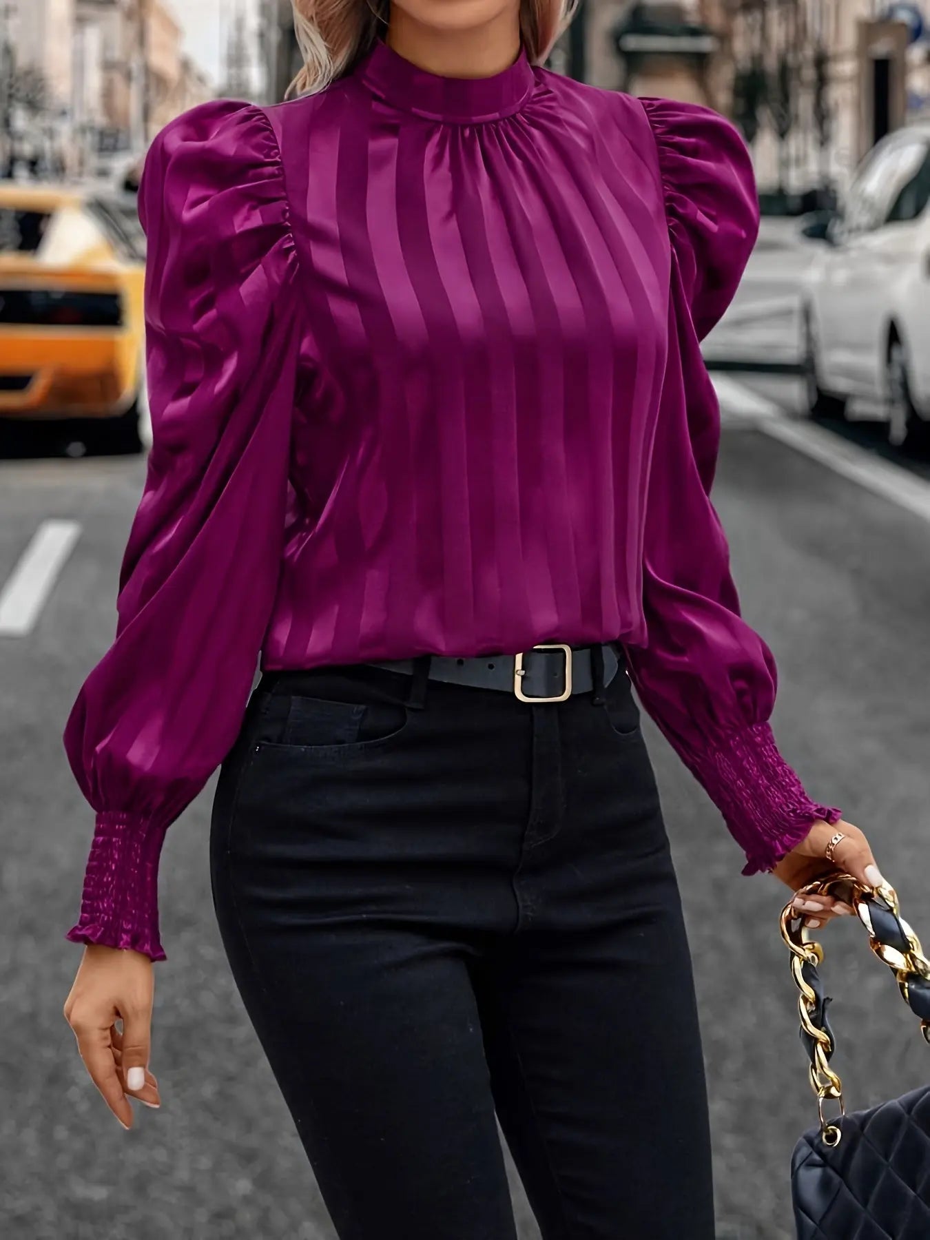 Mock Neck Puff Sleeve Blouse, Elegant Shirred Trim Blouse For Spring & Fall, Women's Clothing MyFave Boutique