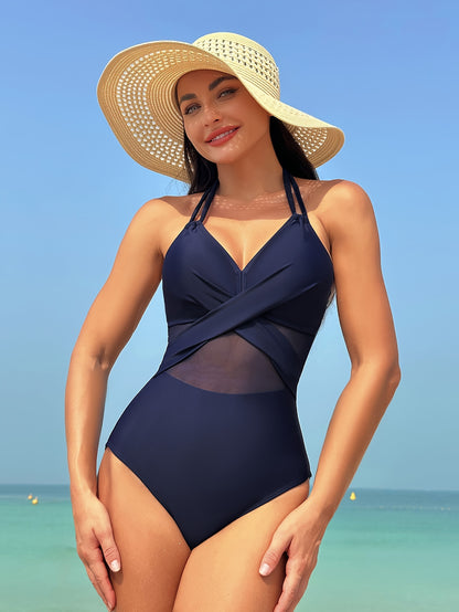 Solid Color Mesh Contrast Halter Crisscross Tie Neck Backless One-piece Swimsuit, Bathing Suits, Women's Swimwear & Clothing MyFave Boutique