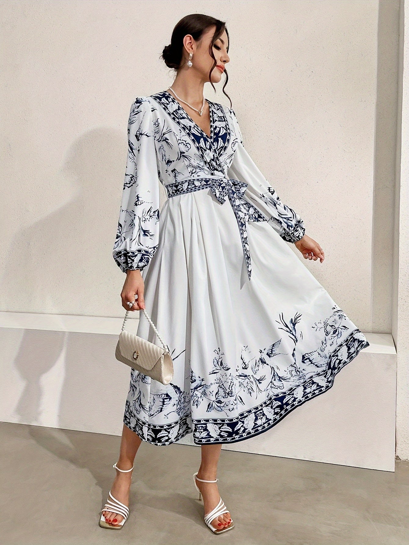 Belted Surplice Neck A-line Dress, Elegant Long Sleeve Dress For Spring & Fall, Women's Clothing MyFave Boutique