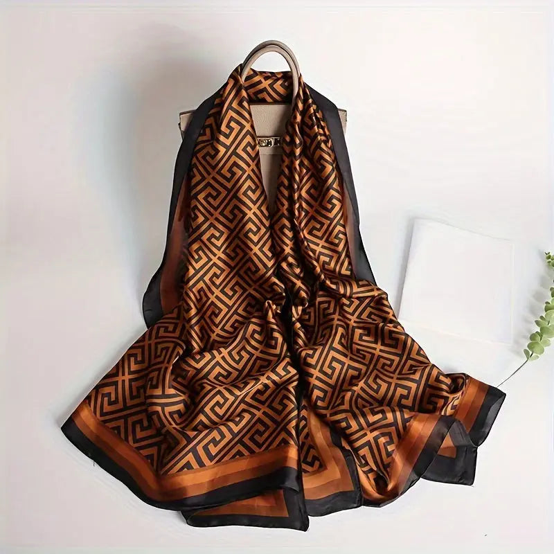 Coffee Color Geometric Pattern Scarf Thin Breathable Shawl Elegant Style Windproof Sunscreen Beach Towel Travel Scarf MyFave Boutique