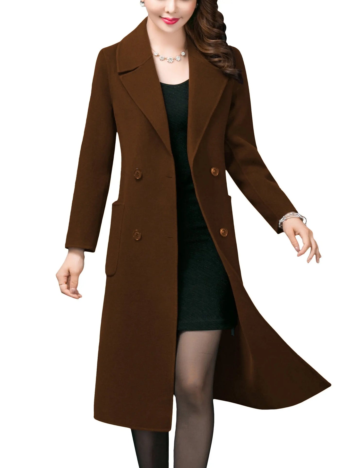 Women's Winter Fashion Mid Long Solid Lapel Trench Coat Wool Blend Warm Casual Pea Jacket MyFave Boutique