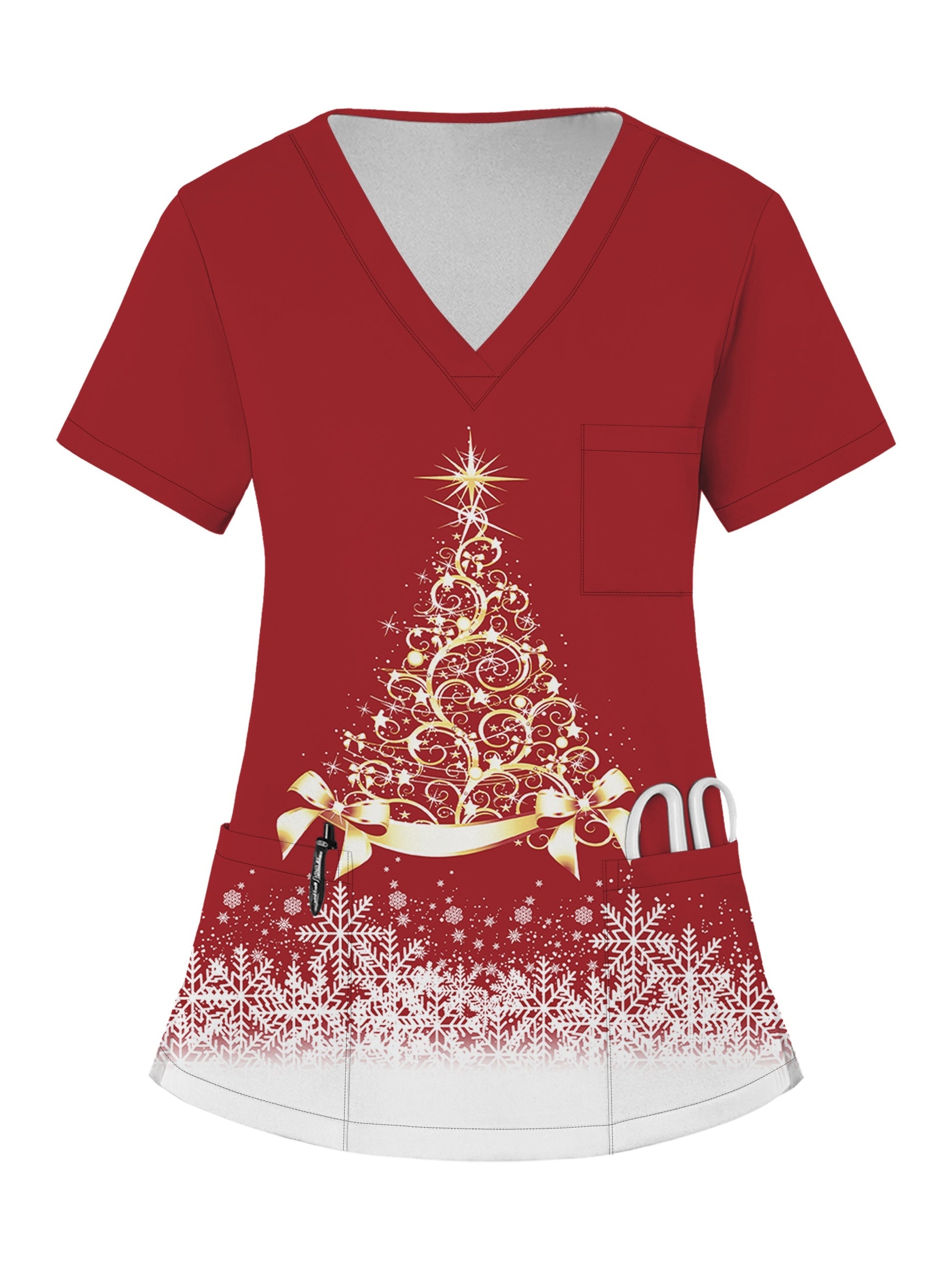 Festive Christmas Scrub Set for Women: V-Neck Top with Pocket and Snowflake Design, Paired with Red Pants - Perfect for Holiday Celebrations MyFave Boutique