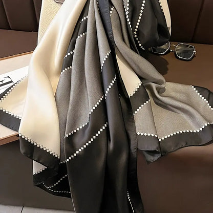 Black Grey Color Block Scarf, Elegant Satin Geometric Chain Print Outdoor Sunscreen Shawl Travel Head Wrap, Women Trendy Windproof Hair Accessories MyFave Boutique