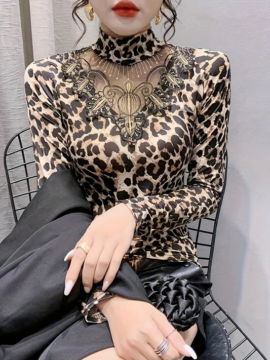 Leopard Print Illusion Neckline Long Sleeve T-Shirt for Women, Spring/Fall Fashion Mock Neck Top MyFave Boutique