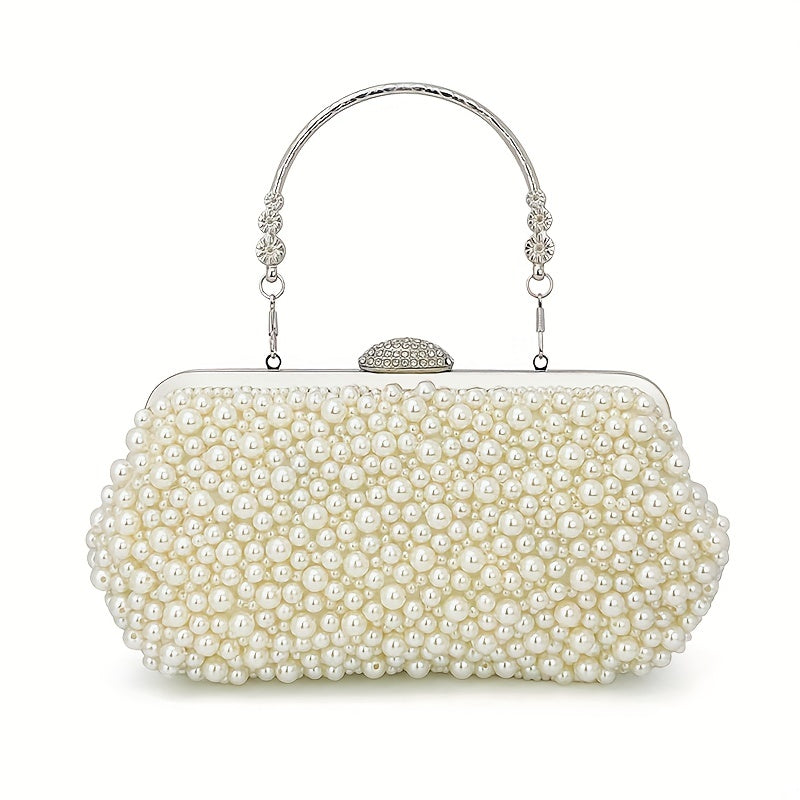 Elegant Faux Pearl Clutch Bag with Metal Chain and Floral Handle for Events, Parties, and Weddings MyFave Boutique