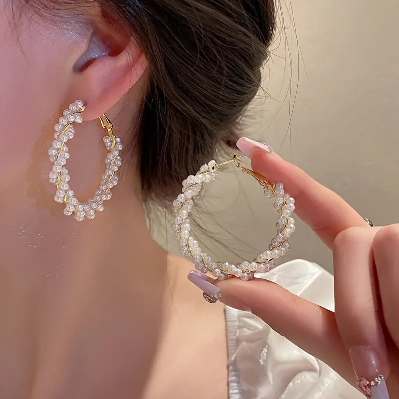 Elegant Retro Style Hoop Earrings, Luxury Temperament, Faux Pearl Circle Earrings For Women, Unique New Design Ear Buckles Jewelry MyFave Boutique