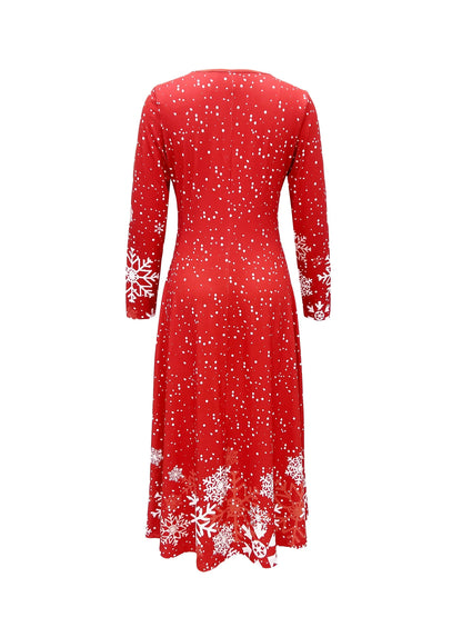 Snowflake Print Long Sleeve Dress, Elegant Crew Neck Dress For Spring & Fall, Women's Clothing MyFave Boutique