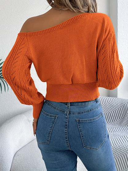 Chic Off-Shoulder Knit Sweater for Women - Casual Vacation Style, Long Sleeve, Hollow-Out Design, Acrylic, Perfect for Fall/Winter MyFave Boutique