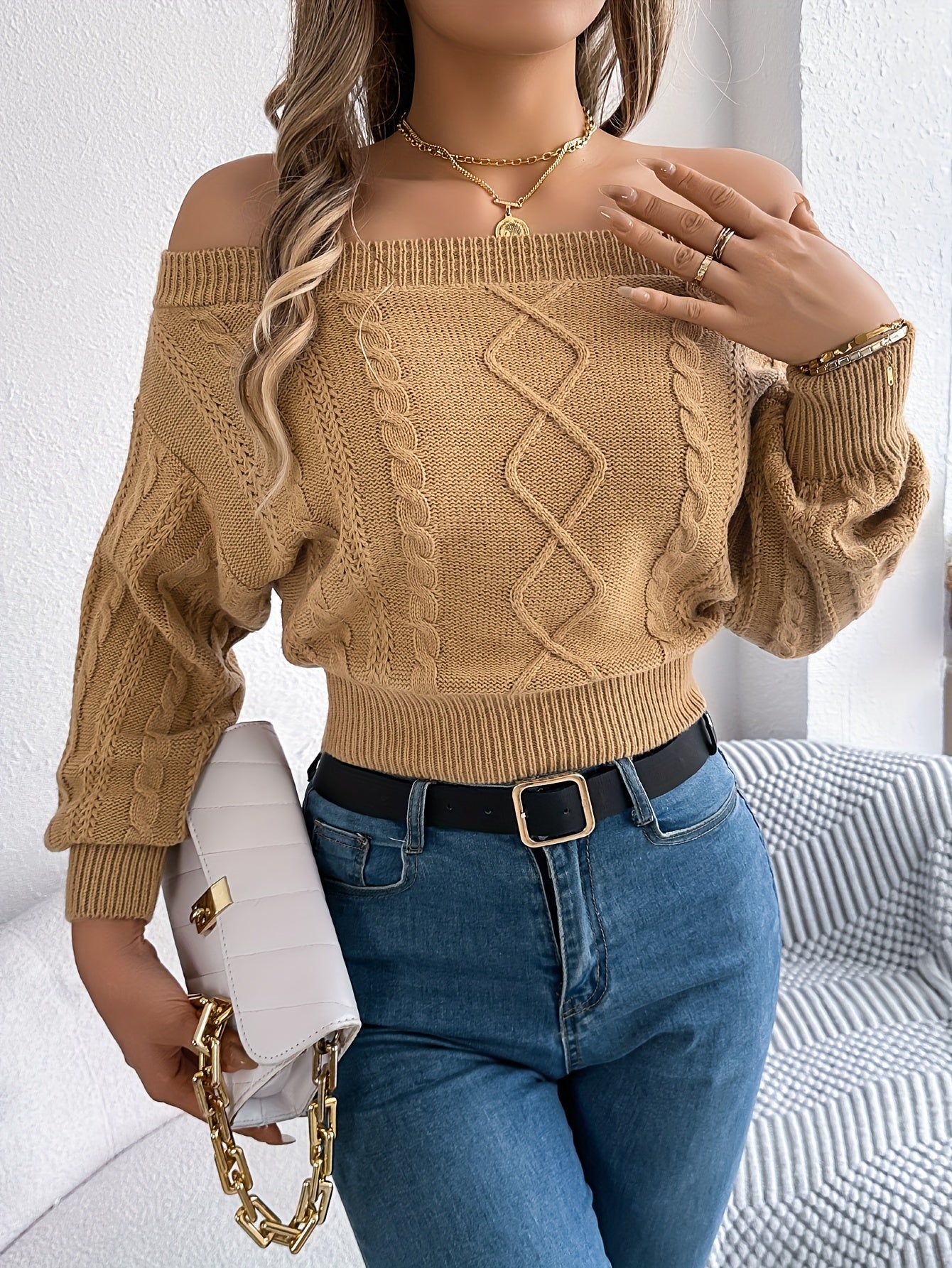 Off Shoulder Cable Knitted Sweater, Elegant Long Sleeve Slim Sweater, Women's Clothing MyFave Boutique