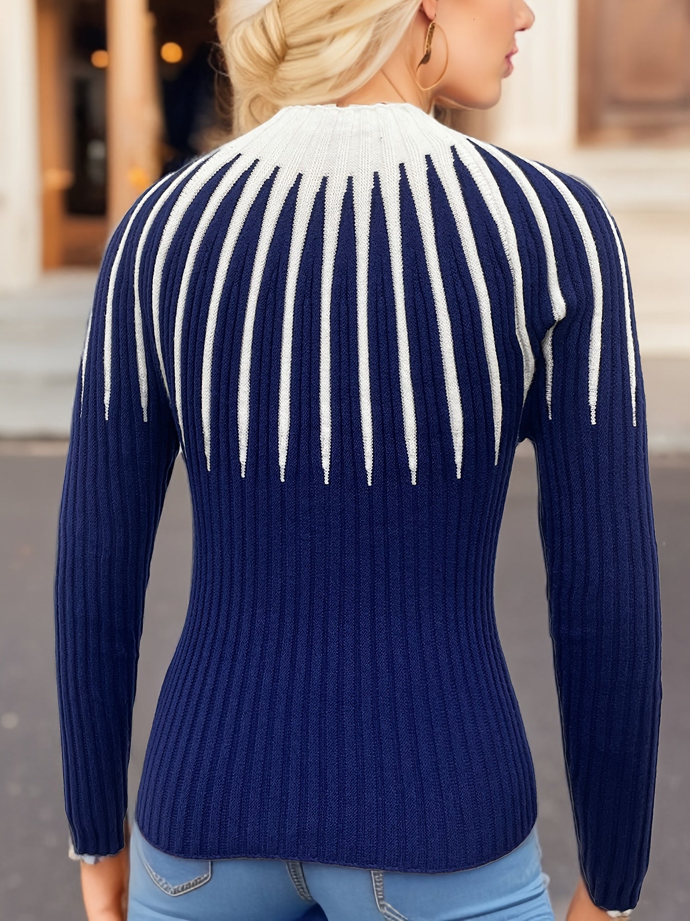 Colorblock Mock Neck Rib Knit Sweater, Casual Long Sleeve Slim Sweater, Women's Clothing MyFave Boutique