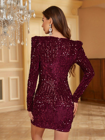 Sequin V Neck Bodycon Dress, Elegant Split Hem Long Sleeve Dress For Party & Banquet, Women's Clothing MyFave Boutique