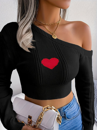 Women's One Shoulder Crop Sweater - Long Sleeve Skew Neck Pointelle Knit Top for Fashionable and Comfortable Style MyFave Boutique